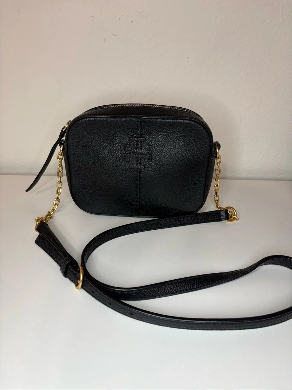 Tory Burch Black Pebbled Leather McGraw Camera Crossbody Bag gold hardware